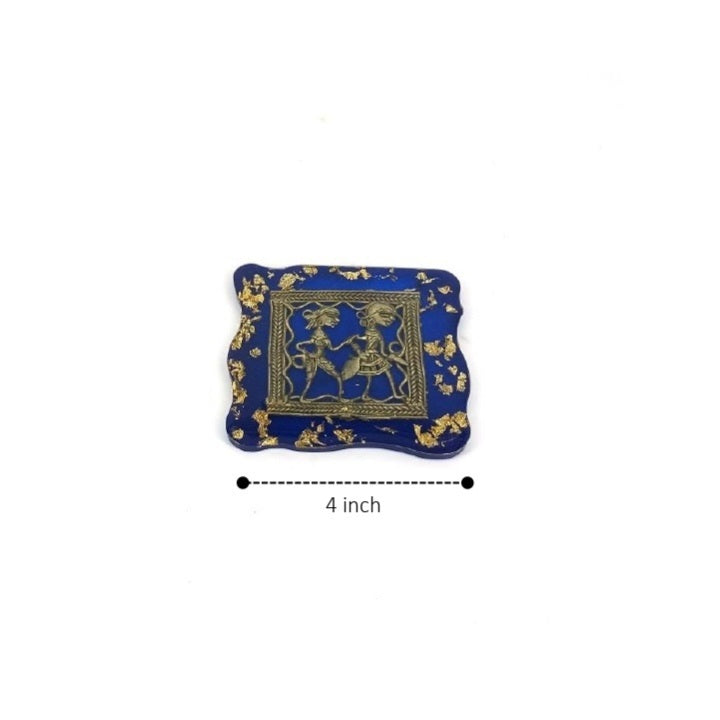 Handcrafted Brass and Resin Square Blue Translucent Coasters, 4 inch