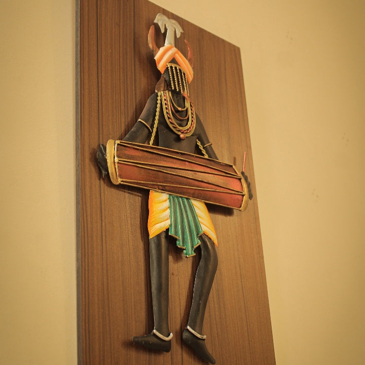Handcrafted Iron Tribal Man with Dholak (Multicolor, 16 inch)