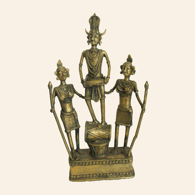 Indian Art Tribal Figurines Playing Musical Instruments in Brass Metal (Bronze color, 22 inch)