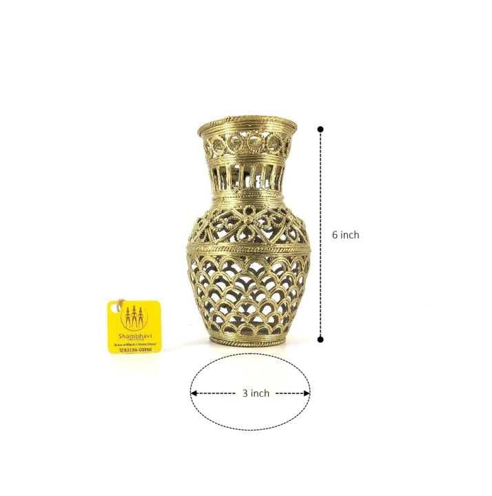 Dhokra Art Brass Flower Motif Vase Showpiece (Golden, 6 inch)