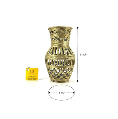 Tribal Art Brass Strips motif Vase (Golden, 6 inch)