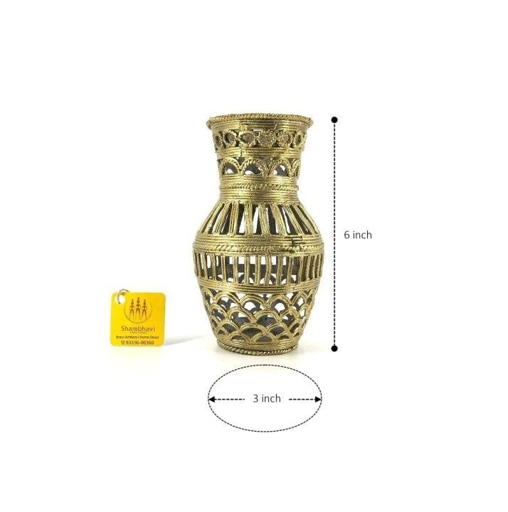 Tribal Art Brass Strips motif Vase (Golden, 6 inch)