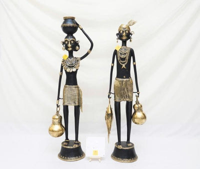 Tribal Madia Madin Couple Brass Statues with Unique Design (Bronze color, 3 Feet)