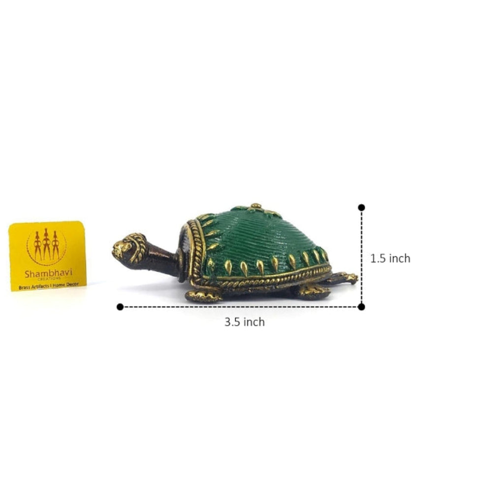 Artisan crafted bell metal turtle showpiece green shell detailing