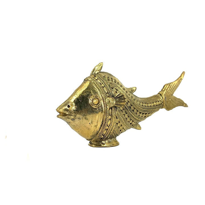 Bastar Dhokra art brass scaly fish figurine in golden finish shown in clean side profile highlighting handcrafted metal detailing