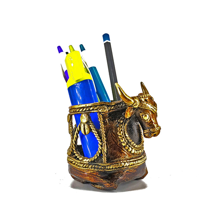 Brass Bastar Dokra art bull head pen holder front view
