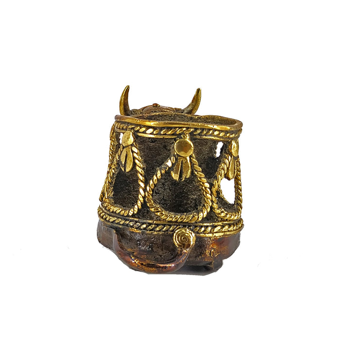 Detailed Bastar Dokra art brass bull head pen organizer back view