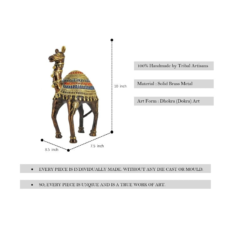 brass Bastar Dokra art camel statue with multicolor detailing