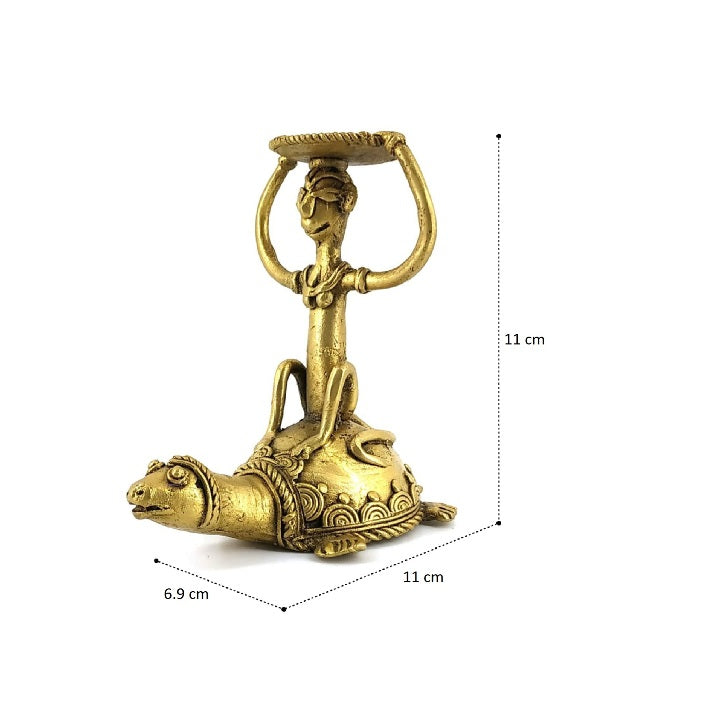 Traditional Dokra art inspired brass candle holder for festivals with size details