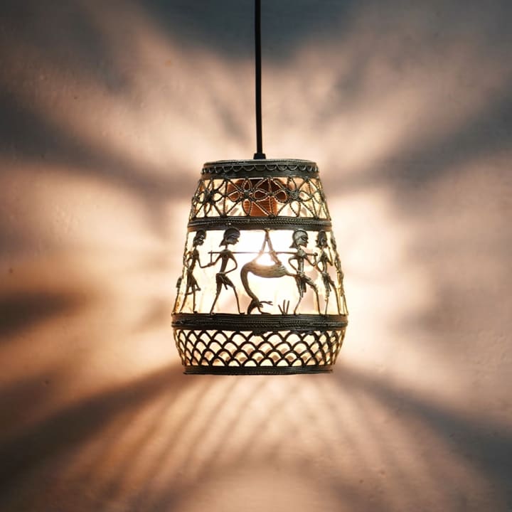 Handmade Bastar Dokra art brass hanging lampshade illuminated
