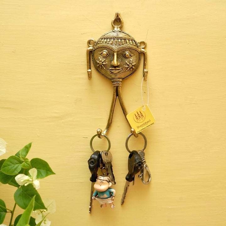 Handmade Bastar Dokra art brass mask key hanger wall mounted