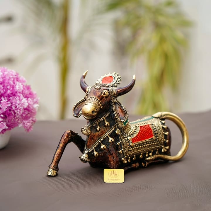 Brass Bastar Dokra art Nandi resting bull sculpture front view