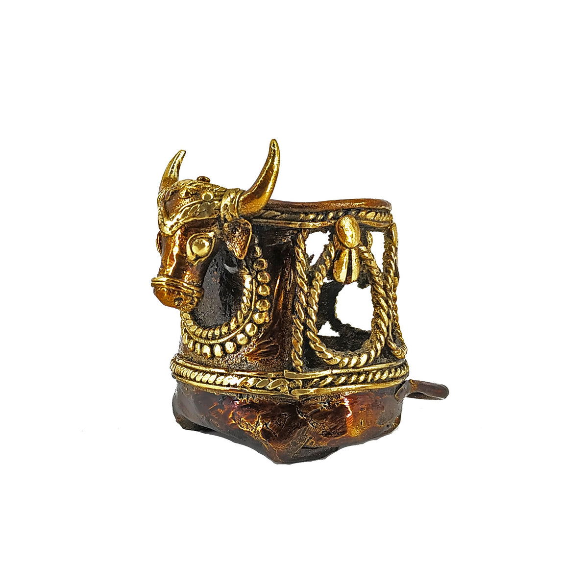 Handcrafted brass bull head desk pen stand side angle