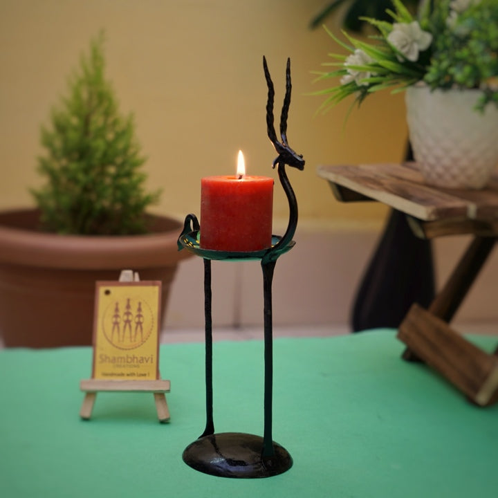 Handmade iron Bastar Dokra art deer candle light holder front view