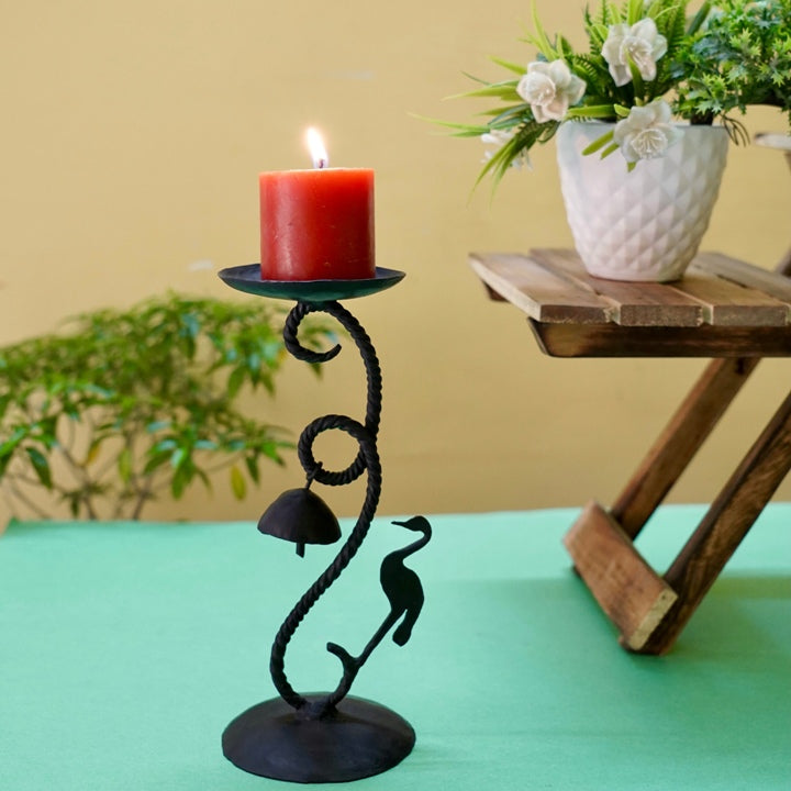 Handmade iron Bastar Dokra art bird bell candle light holder front view