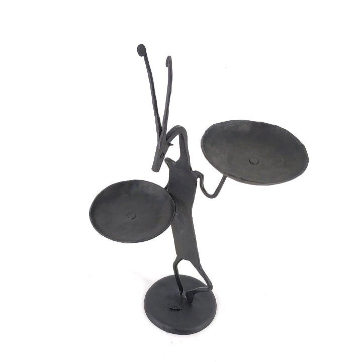 Artisan made tall iron tea light holder top angle