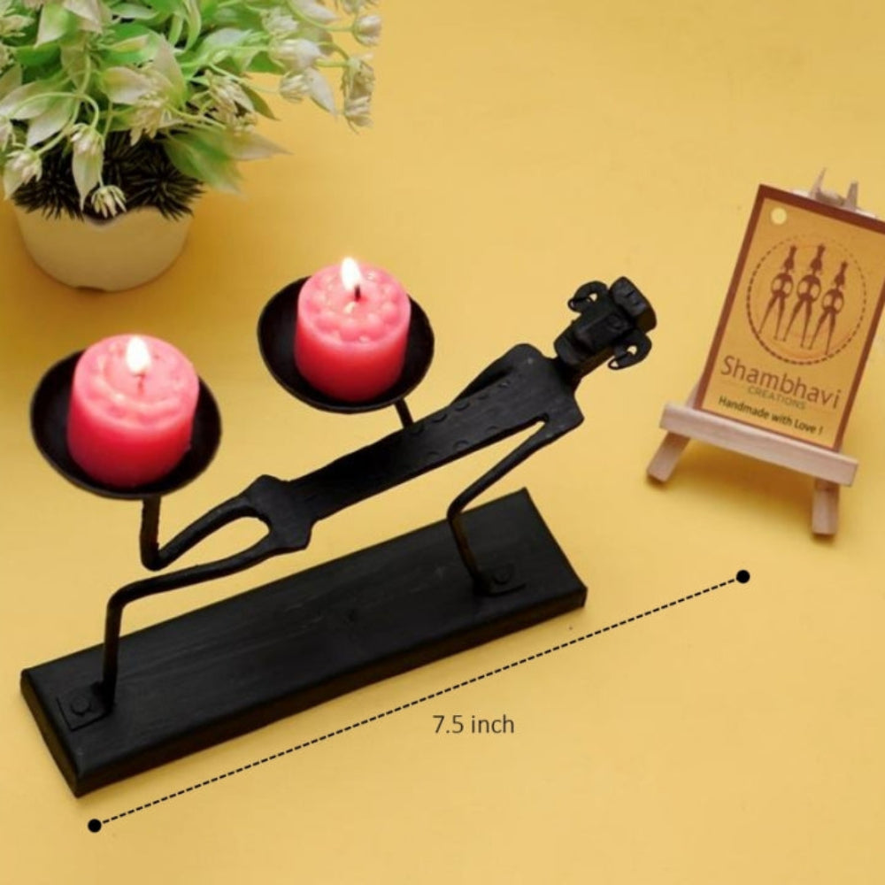 Artisan crafted iron tea light stand with dual candle holders