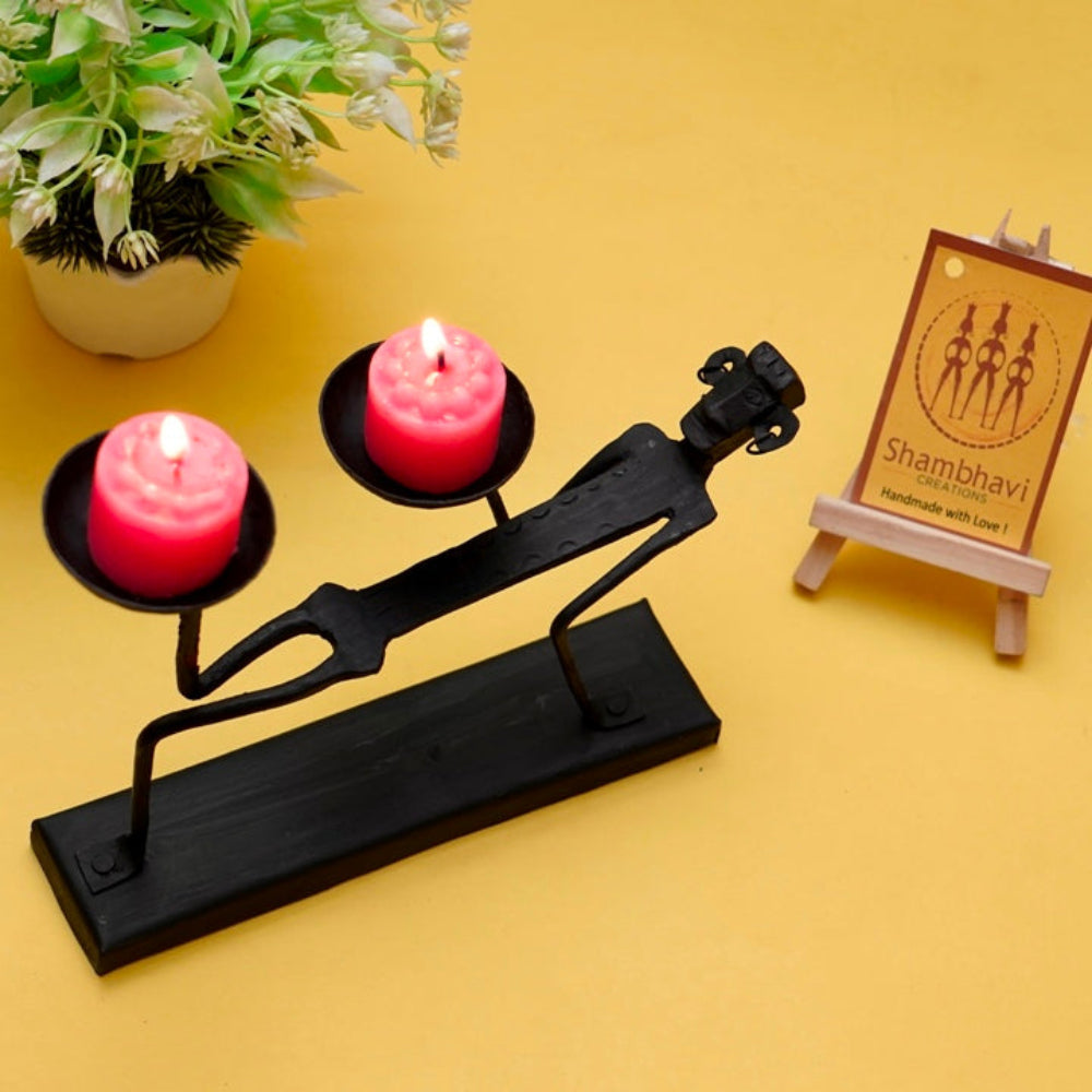 Handmade iron Bastar Dokra art double tea light holder front view
