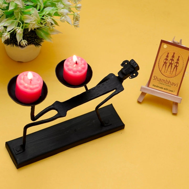 Handmade iron Bastar Dokra art double tea light holder front view