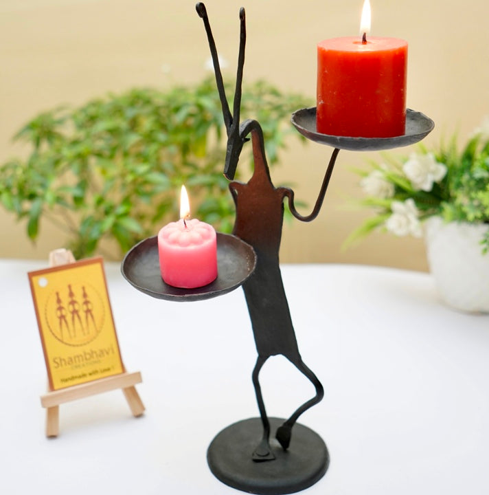 Handmade iron Bastar Dokra art kangaroo tea light holder front view