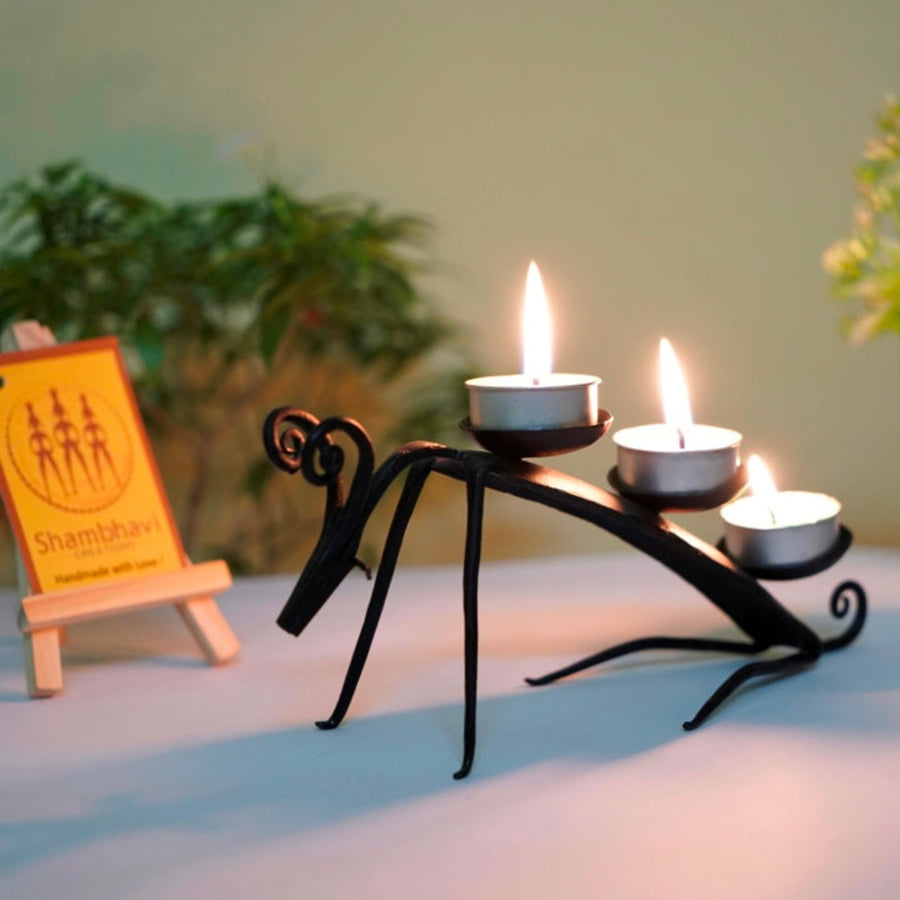 Handmade iron Bastar Dokra art lamb tea light holder front view