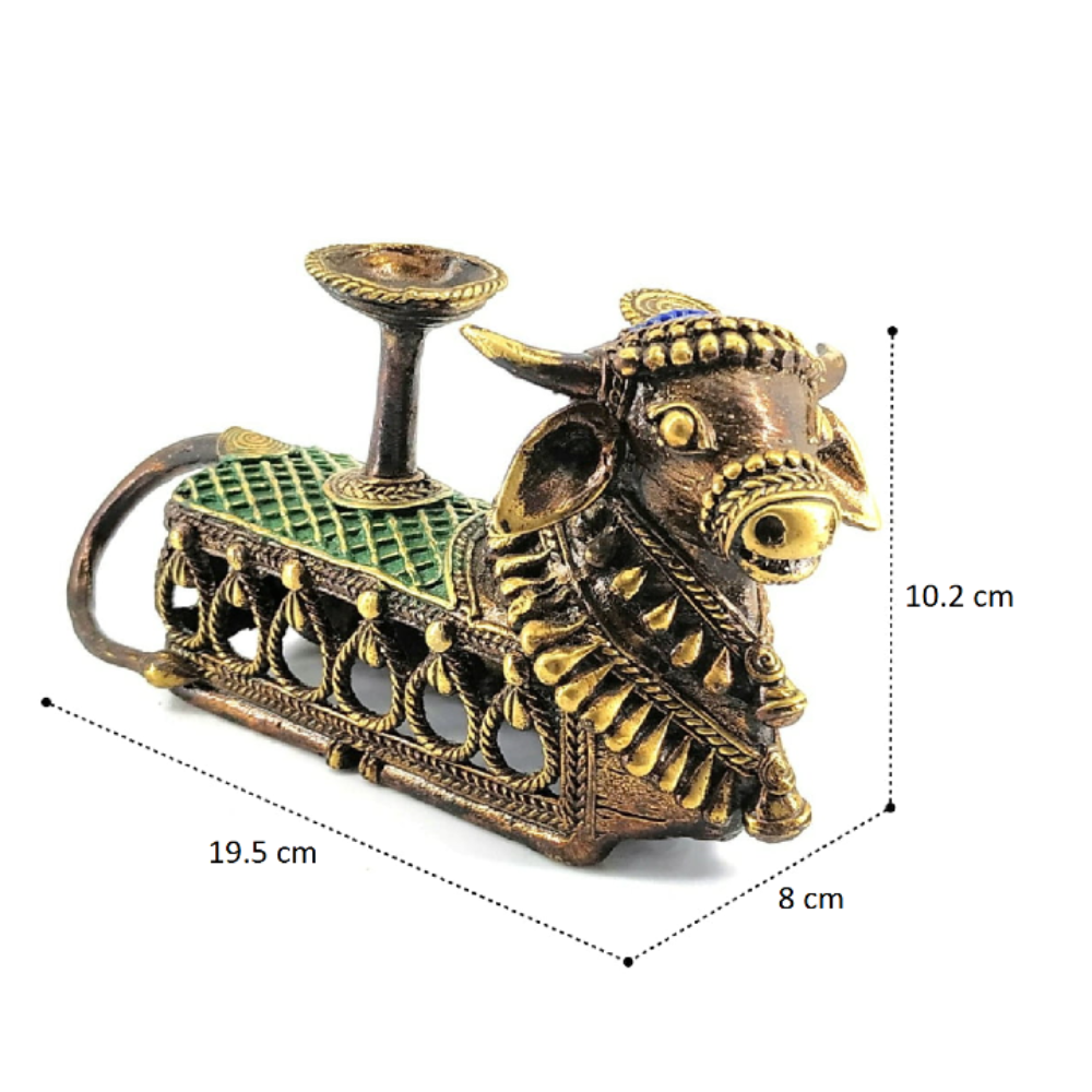 Side view of Bastar Dokra art brass Nandi candle holder