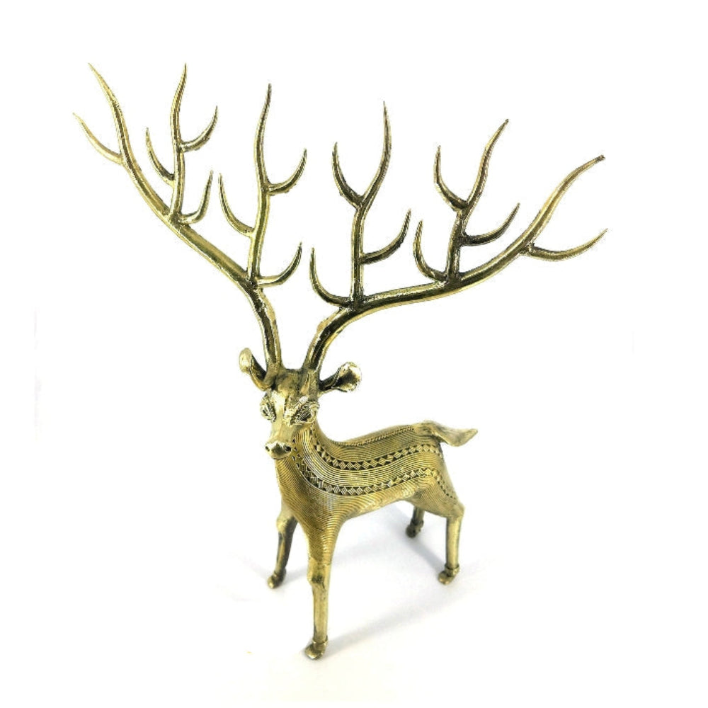 Elegant Bastar Dokra brass deer statue with detailed multi antlers handcrafted tribal decor
