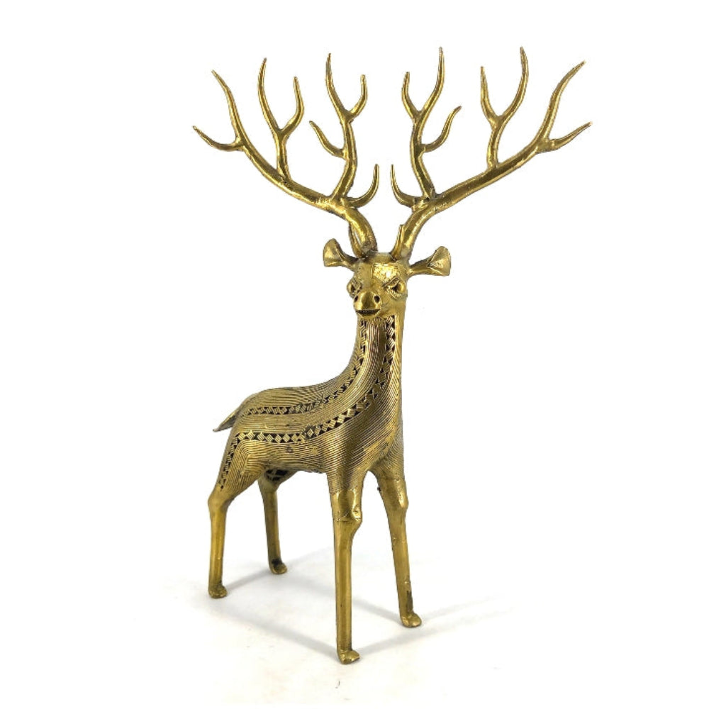 Detailed handcrafted Bastar Dokra brass deer sculpture with large branching antlers
