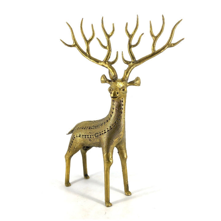 Detailed handcrafted Bastar Dokra brass deer sculpture with large branching antlers