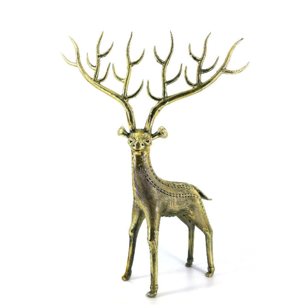 Handcrafted Bastar Dokra brass deer figurine with multi antlers elegant tribal art sculpture front view