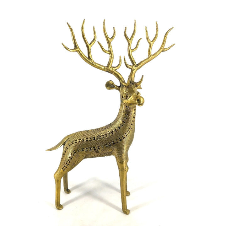 Side view Bastar Dokra brass deer figurine with intricate tribal pattern design