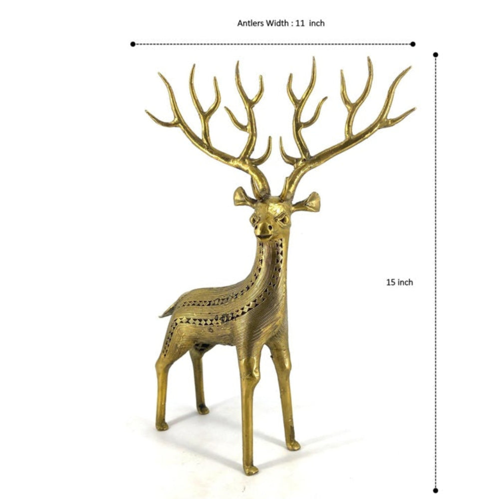 Bastar Dokra brass deer figurine with multi antlers showing height and antler width dimensions