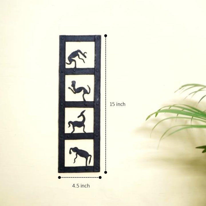 Decorative Bastar iron art animal wall panel shown from the front with visible dimensions, highlighting handcrafted iron figures and narrow vertical design