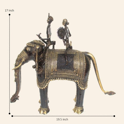 Brass Tribal Metal Elephant Figurine with Mounted Riders (Bronze color, 19.5 x 17 Inch)