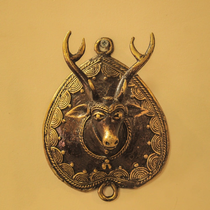 Bell metal Bastar Dokra art deer head wall accent front view