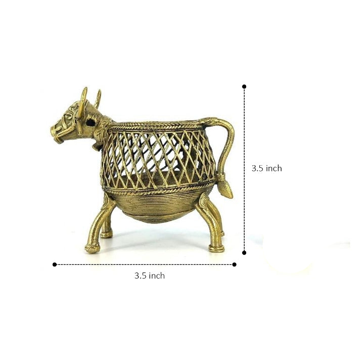 Bastar Dokra art bell metal pen holder side angle view with size details