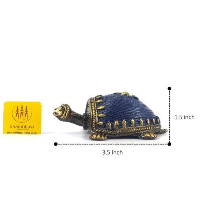 Handcrafted bell metal turtle figurine with size reference showing 3.5 inch length and 1.5 inch height for home decor and vastu use