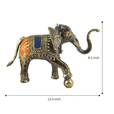 Soccer Playing Elephant Dhokra Art Figurine (Bronze color, 8.5 inch)