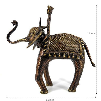 Elephant and Rider Brass Dhokra Art Figurine (Bronze color, 11 inch)