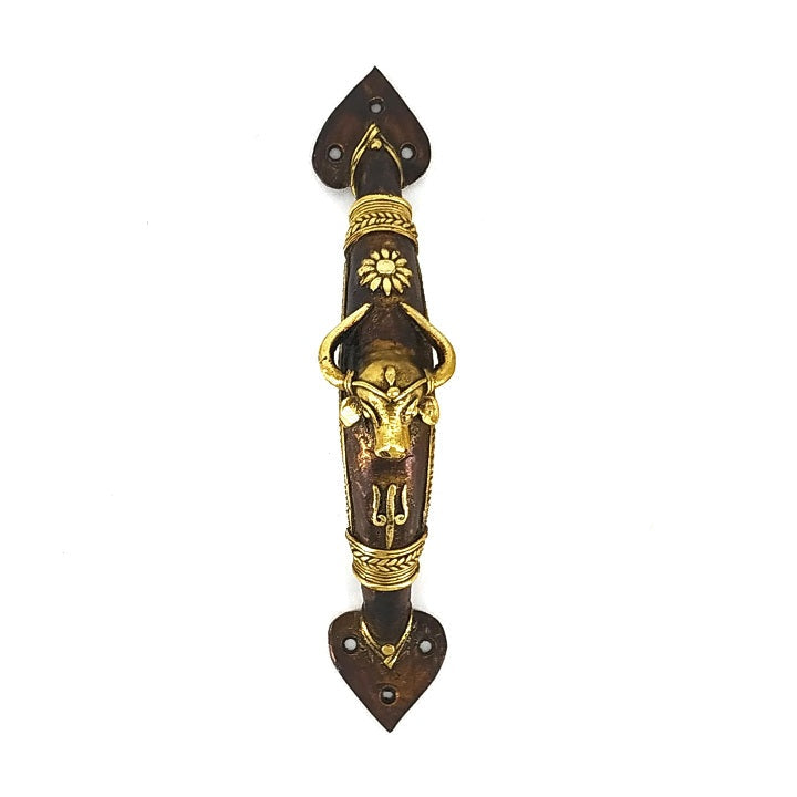 Traditional brass bull door handle handcrafted design front view