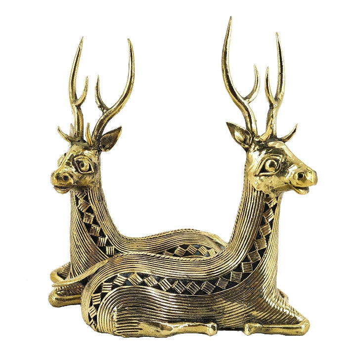Front view of brass bell metal art sitting deer pair handcrafted in traditional Dhokra style