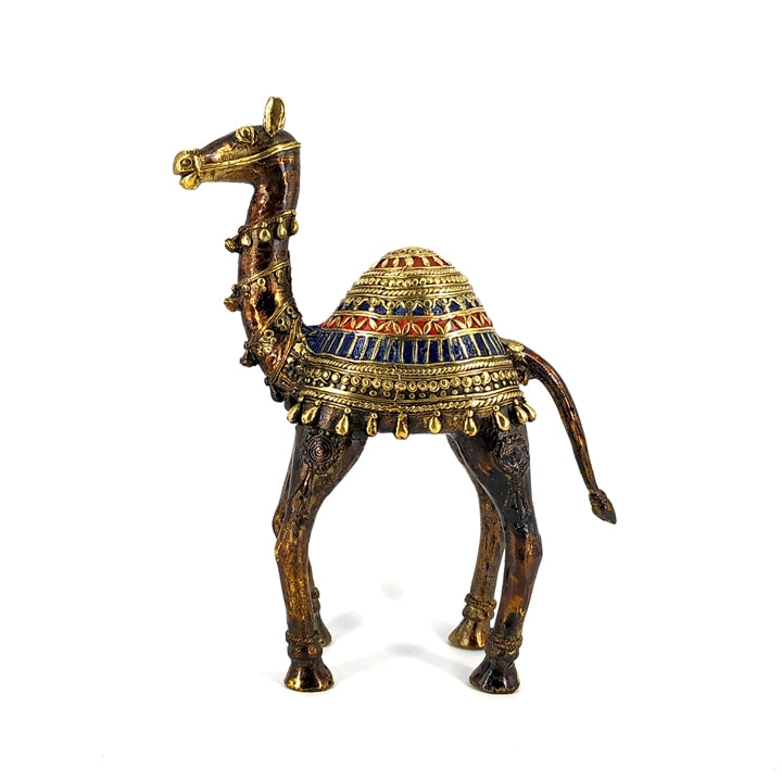 Side view of multicolor Bastar Dokra art camel figurine