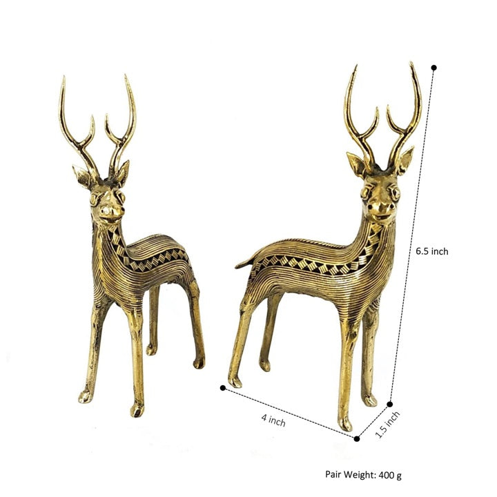 Front view of Dhokra art brass deer duo with size reference showing standing animal figurines