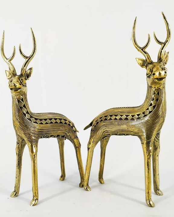 Side by side view of brass deer duo handcrafted using traditional Dhokra metal casting technique