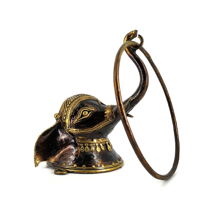 Brass elephant head towel ring wall hanging in Bastar Dokra art