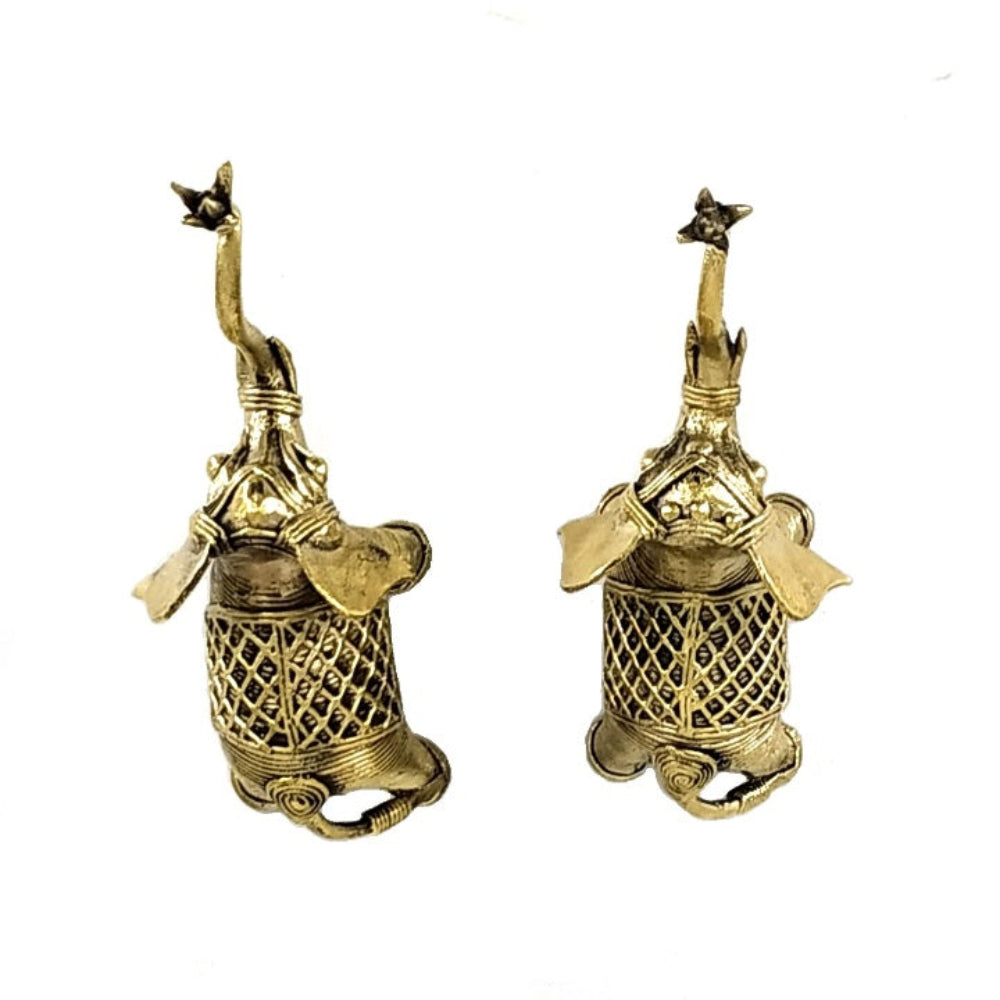 Back view of brass elephant duo showing intricate lattice pattern, handcrafted dhokra art figurines