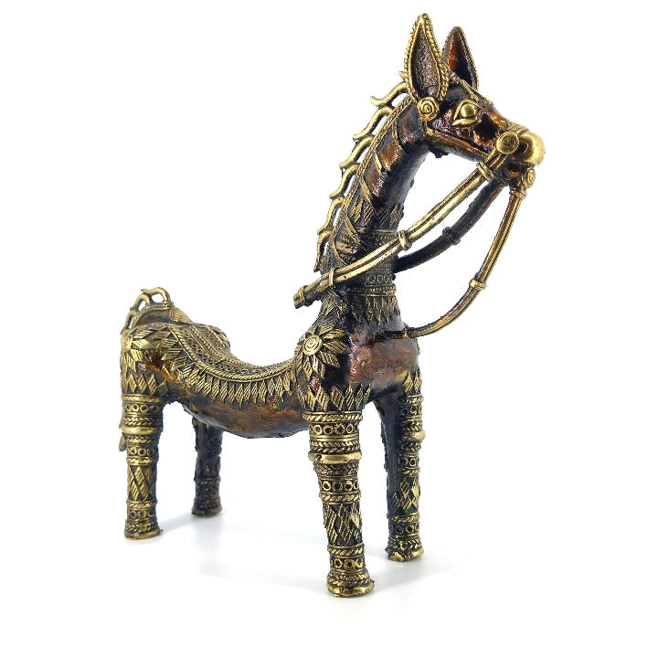 Handcrafted bronze brass horse statue with bent back shown in front three-quarter angle highlighting ornate dhokra metal detailing