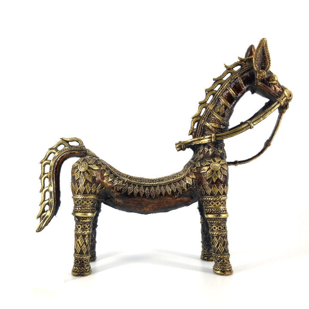 Side profile view of handmade brass horse statue with bent back design showcasing bell metal texture and carved body patterns