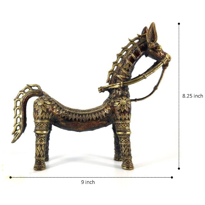 Side profile view of handmade brass horse statue with bent back design