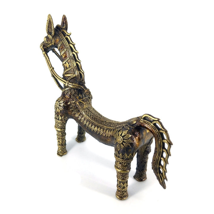 Rear three-quarter view of bronze brass horse figurine displaying sculpted tail, spine detailing, and traditional dhokra craftsmanship